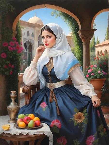 پرتره دختر قاجاری در لباس آبی سنتی و حیاط دلگشا