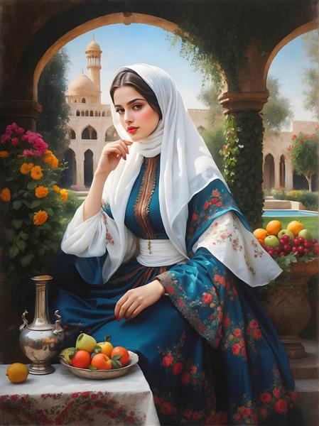 بانوی قاجاری در لباس آبی سنتی در حیاط خانه ایرانی