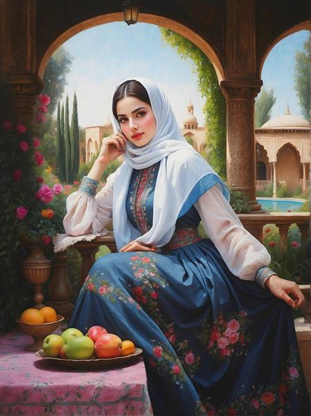 نقاشی دختر قاجاری در باغ ایرانی با لباس آبی گلدار