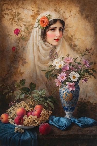 پرتره زن قاجاری با روسری و گل سرخ در مو، نقاشی