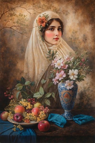 نقاشی دختر قاجاری با روسری، میوه و گلدان آبی