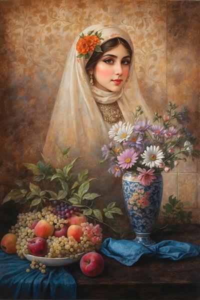 نقاشی دختر زیبای قاجاری با لباس سنتی و گلدان گل