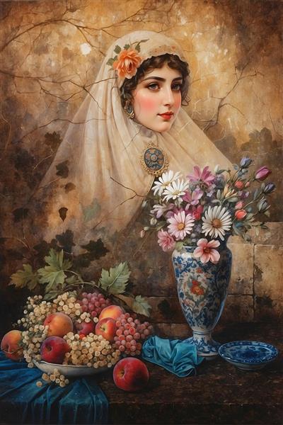 نقاشی کلاسیک دختر قاجاری با روسری و آرایش سنتی
