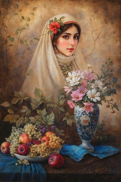 نقاشی دختر قاجاری با روسری و میوه، سبک سنتی ایرانی