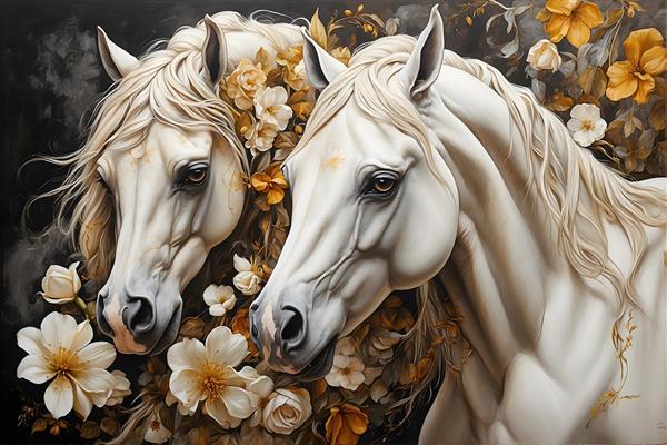 پرتره دو اسب سفید با گل‌های طلایی و پس‌زمینه تیره، هنر دکوراتیو
