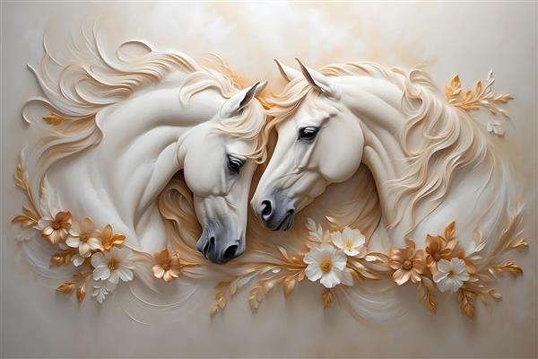 تابلوی تزئینی دو سر اسب سفید با جزئیات طلایی و گل