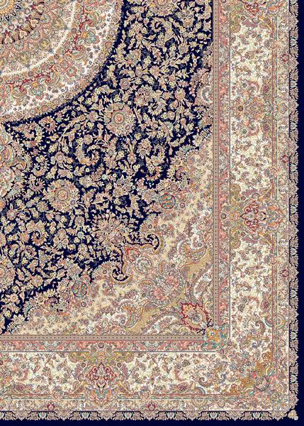 فرش لچک ترنج گوشه دار با زمینه سرمه‌ای و نقوش گل‌دار و اسلیمی کرم و صورتی طرح لاله