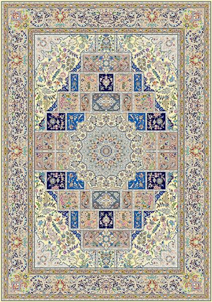 فرش لچک ترنج با زمینه‌ی کرم و نقوش هندسی مربعی رنگارنگ و گل‌دار در تناژ آبی و صورتی طرح مهسا