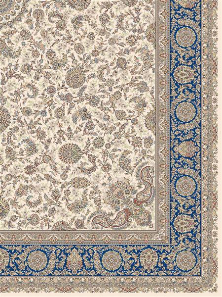 فرش لچک ترنج با نقوش اسلیمی پیچ در پیچ و گل‌های ریز آبی و قهوه‌ای در زمینه سفید طرح باران
