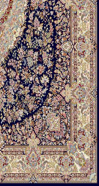 فرش لچک ترنج گوشه‌دار با زمینه سرمه‌ای و نقوش گل‌دار و اسلیمی صورتی و کرم طرح گلسار