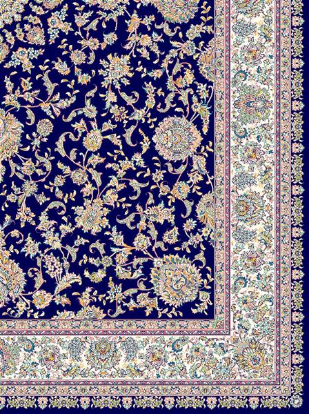 گوشه‌ای از فرش سرمه‌ای تیره با طرح گل‌های کرم و طلایی و حاشیه روشن با نقوش اسلیمی ظریف