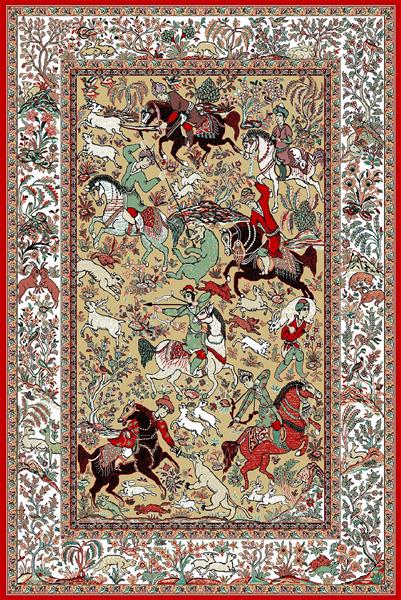 فرش شکارگاهی با زمینه کرم و صحنه شکار حیوانات و انسان‌ها در میان گل‌ها و درختان با حاشیه قرمز طرح رستم
