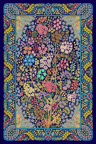فرش درختی با زمینه سرمه‌ای و طرح درخت پربار از گل‌های رنگارنگ با حاشیه‌های آبی و زرد طرح سرو