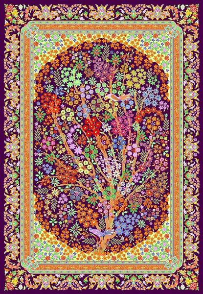 فرش درختی با زمینه بنفش و طرح درخت پربار از گل‌های رنگارنگ با حاشیه‌های نارنجی و سبزآبی طرح گیتی