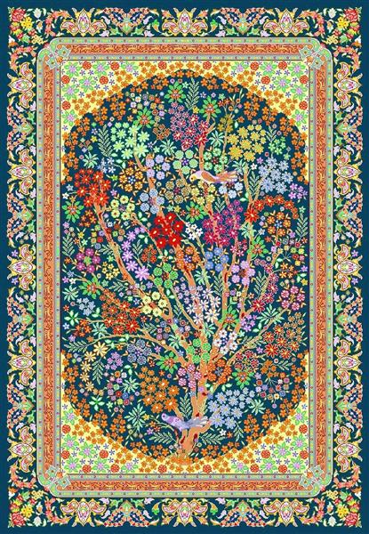 فرش درختی با زمینه سرمه‌ای و طرح درخت پربار از گل‌های رنگارنگ با حاشیه‌های طلایی و سبزآبی طرح سرو