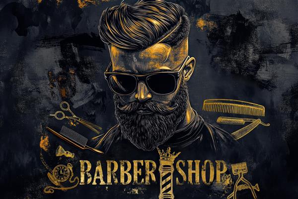 پوستر دیواری آرایشگاه مردانه مشکی طلایی با نوشته barbershop