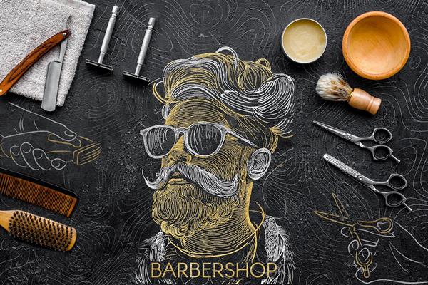 پوستر دیواری آرایشگاه مردانه زمینه مشکی طلایی همراه با قیچی و شونه