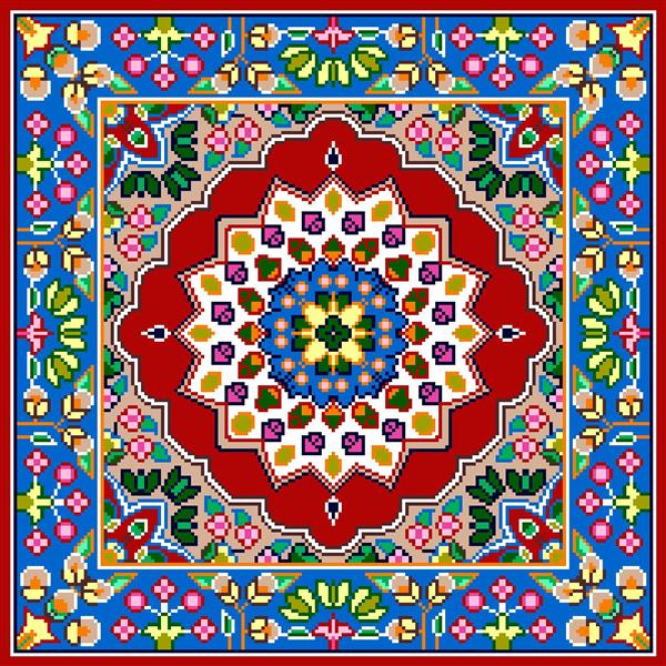فرش مربع سنتی قرمز آبی با ترنج مرکزی گل‌دار و حاشیه رنگی طرح بهارستان