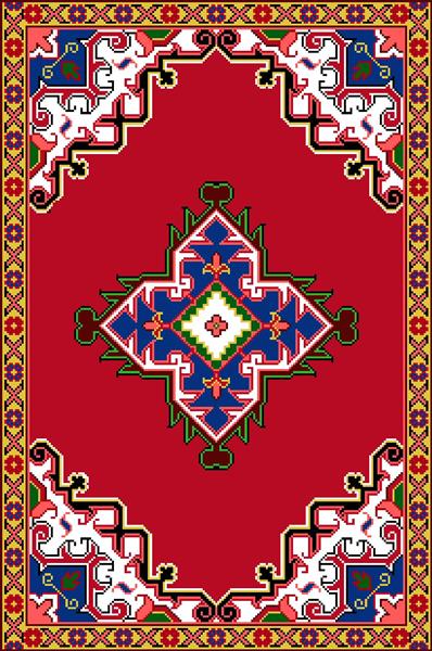 فرش قرمز با ترنج مرکزی آبی و نقوش هندسی و حاشیه سنتی طرح مهسا
