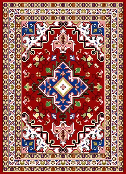 فرش سنتی ایرانی زرشکی با ترنج مرکزی آبی و نقوش هندسی و بته جقه طرح رزبانو