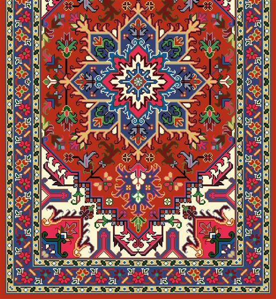 فرش اصیل لاکی با ترنج مرکزی آبی و نقوش هندسی و اسلیمی طرح آتش مهر