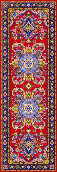 فرش قرمز طولانی با طرح‌های هندسی و بته جقه آبی و سفید و زرد و سبز طرح اهورا