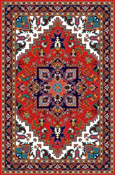 فرش لچک ترنج هندسی ارغوانی با ترنج مرکزی ستاره‌ای فیروزه‌ای و حاشیه اشکال هندسی طرح کهکشانی