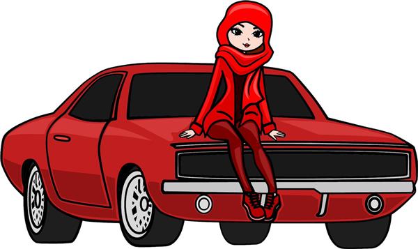 وکتور دختر لباس قرمز نشسته روی کاپوت ماشین قرمز