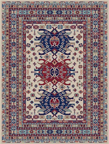 فرش ایلی با طرح‌های هندسی و بومی و رنگ‌های قرمز، آبی و کرم در زمینه بژ طرح ایلیاتی کهن