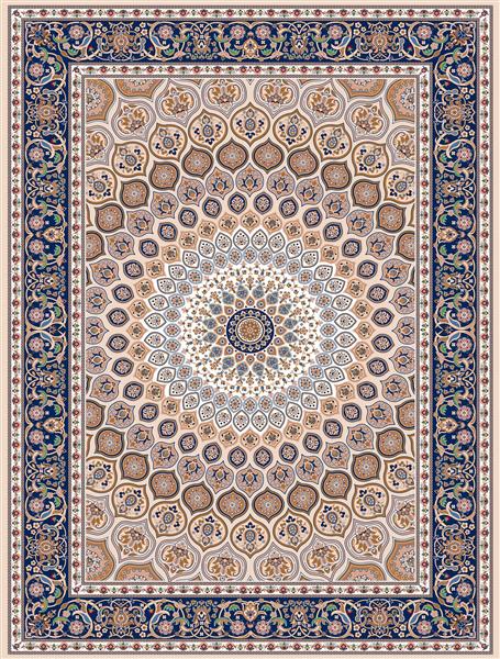 فرش هندسی مدرن با ترنج مرکزی گرد و نقوش قابی شکل در زمینه کرم و بژ با جزئیات آبی تیره طرح ستاره یزد