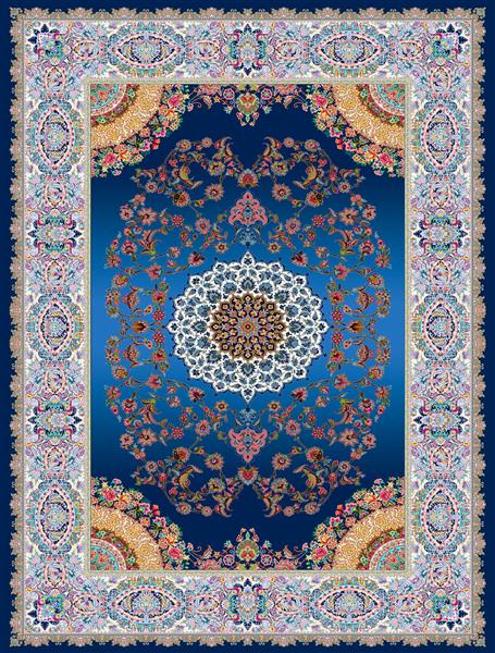 فرش قابی لچک ترنج با ترنج مرکزی گرد و نقوش اسلیمی و حاشیه‌های گلدار در زمینه آبی تیره و طلایی طرح آبی لاجورد