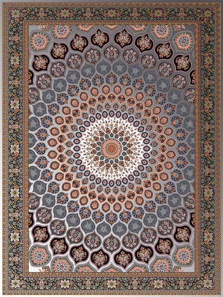 فرش هندسی مدرن با ترنج مرکزی گرد و نقوش قابی شکل در زمینه طوسی و نارنجی با حاشیه‌های پرکار طرح الوان ترنج