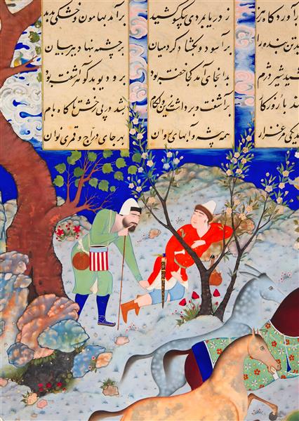 نگارگری رخش در چشم‌انداز زمستانی، با دو سوارکار و درختان