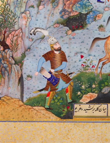نگارگری رستم با لباس پلنگی، کمان و تیردان، در کوهستان