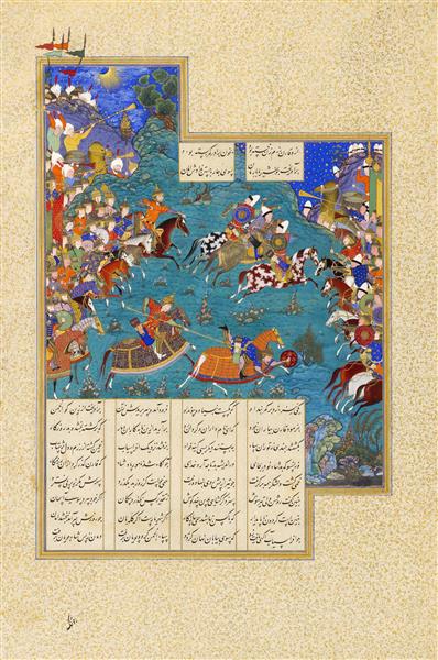 نگارگری رزم قارن با بارمان در میدان نبرد، از نسخ خطی شاهنامه