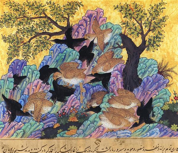 نگارگری کلیله و دمنه، باب بوف و زاغ، با پرندگان و درختان در کوهستان