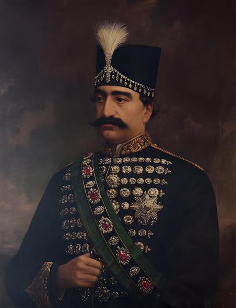 پرتره ناصرالدین شاه قاجار با لباس پر از جواهر و نشان سلطنتی