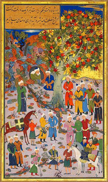 نگارگری گلستان سعدی، ملاقات پادشاه با زاهد، اثر محمود مذهب، بخارا