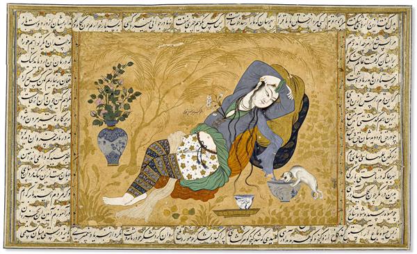 نگارگری ایرانی بانوی لمیده‌ با گلدان و اشعار پارسی نقاشی‌ شده با رقم‌کمینه میرافضل تونی موزه بریتانیا