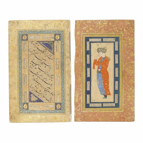 نگارگری و خوشنویسی ایرانی، صفحه کتاب خطی قدیمی برگ سمت راست مرد جوانی با انار و یک شاخه گل، برگ چپ خوشنویسی به قلم شاه محمود نیشابوری، مرکب، آبرنگ و گواش و طلا بر روی کاغذ