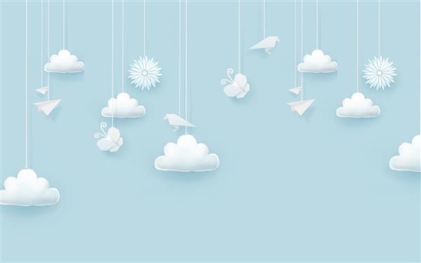 پوستر دیواری اتاق کودک با ابرهای کاغذی و پرنده‌ها