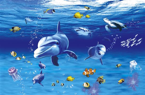 پوستر دیواری دنیای زیر آب با دلفین و ماهی‌های رنگارنگ