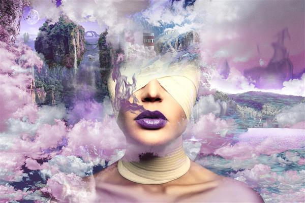 نقاشی سورئال زن با چشم‌بند و آسمان ابری بنفش
