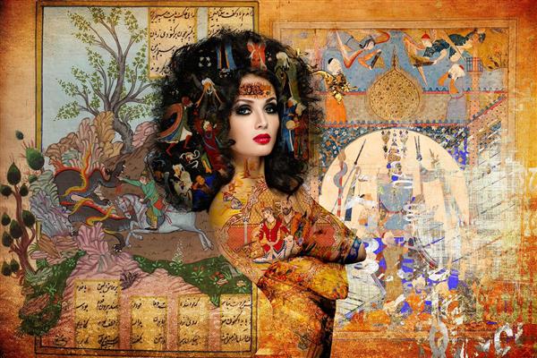 نقاشی دیجیتال تلفیقی زن با موهای فشن و نگارگری ایرانی