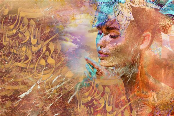 نقاشی دیجیتال تلفیقی با چهره زن و خطاطی فارسی انتزاعی