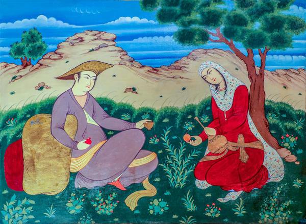 مینیاتور زن و مرد ایرانی در طبیعت هتل کاروانسرای شاه عباسی اصفهان