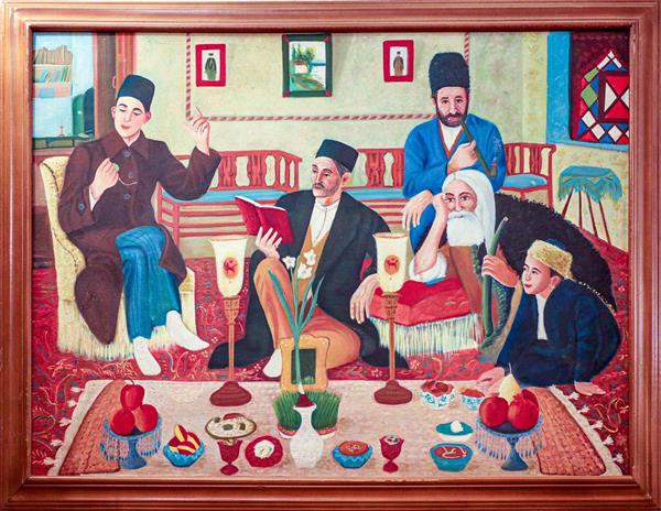نقاشی قهوه‌خانه‌ای عید نوروز و سفره هفت سین با شخصیت‌های قاجاری