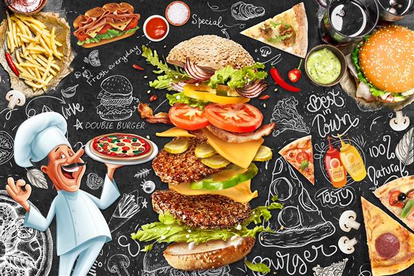 پوستر دیواری سه بعدی و زیبای فست فود با طرح وکتوری همبرگر و پیتزا