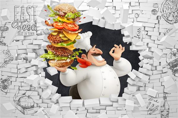 پوستر دیواری سه بعدی فست فود با طرح سرآشپز حرفه‌ای و همبرگر مخصوص