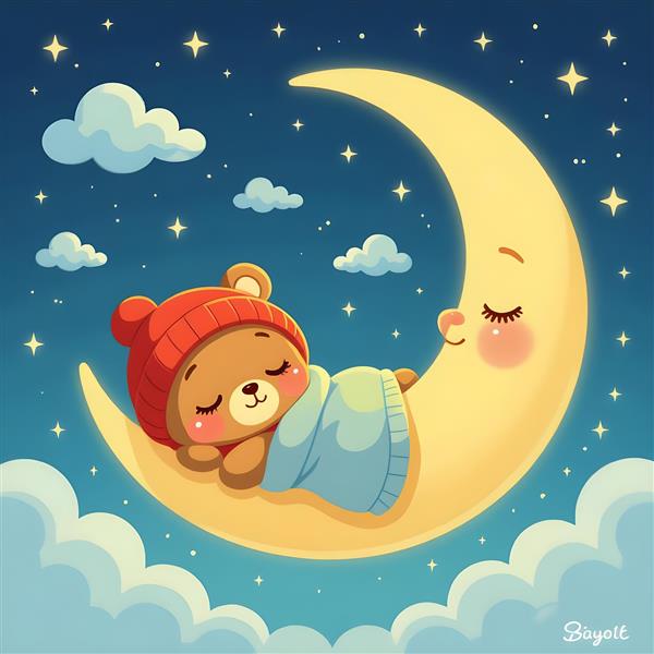 خرس عروسکی خوابیده روی ماه با کلاه قرمز